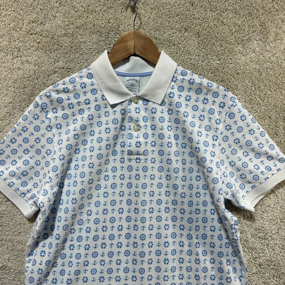 Brooks Brothers Performance Polo Shirt Mens L White Blue Nautical Print Slim Fit - Picture 2 of 11